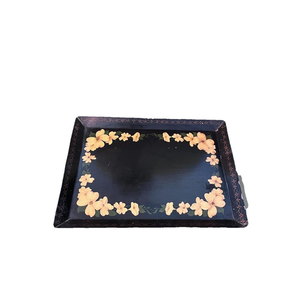 Vintage Black Metal Toleware Tray Hand Painted Gold Floral Dogwood Cottagecore